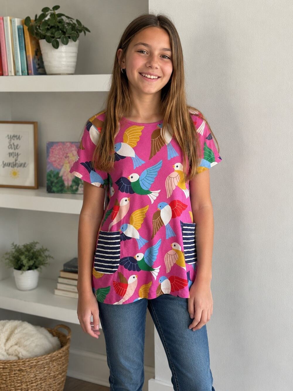 Mini Boden Girl's Short Sleeve Tunic Top Vibrant Birds Striped Pockets Sz 11 12y